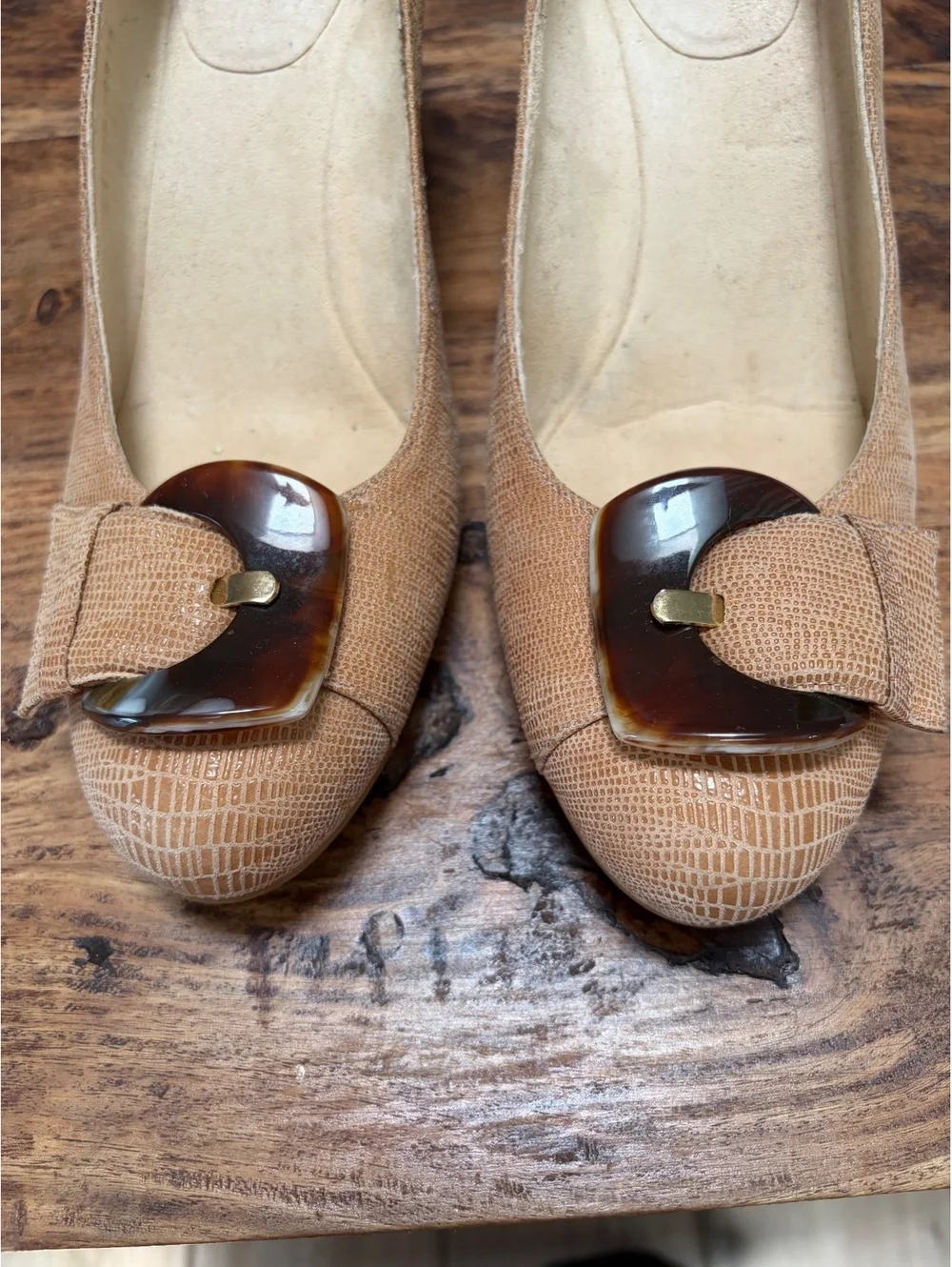 Stuart Weitzman Women's Beige Textured Wedge Heels with Decorative Buckle Size 9